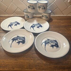 Blue White Butterfly Brand Koi Fish Enamelware